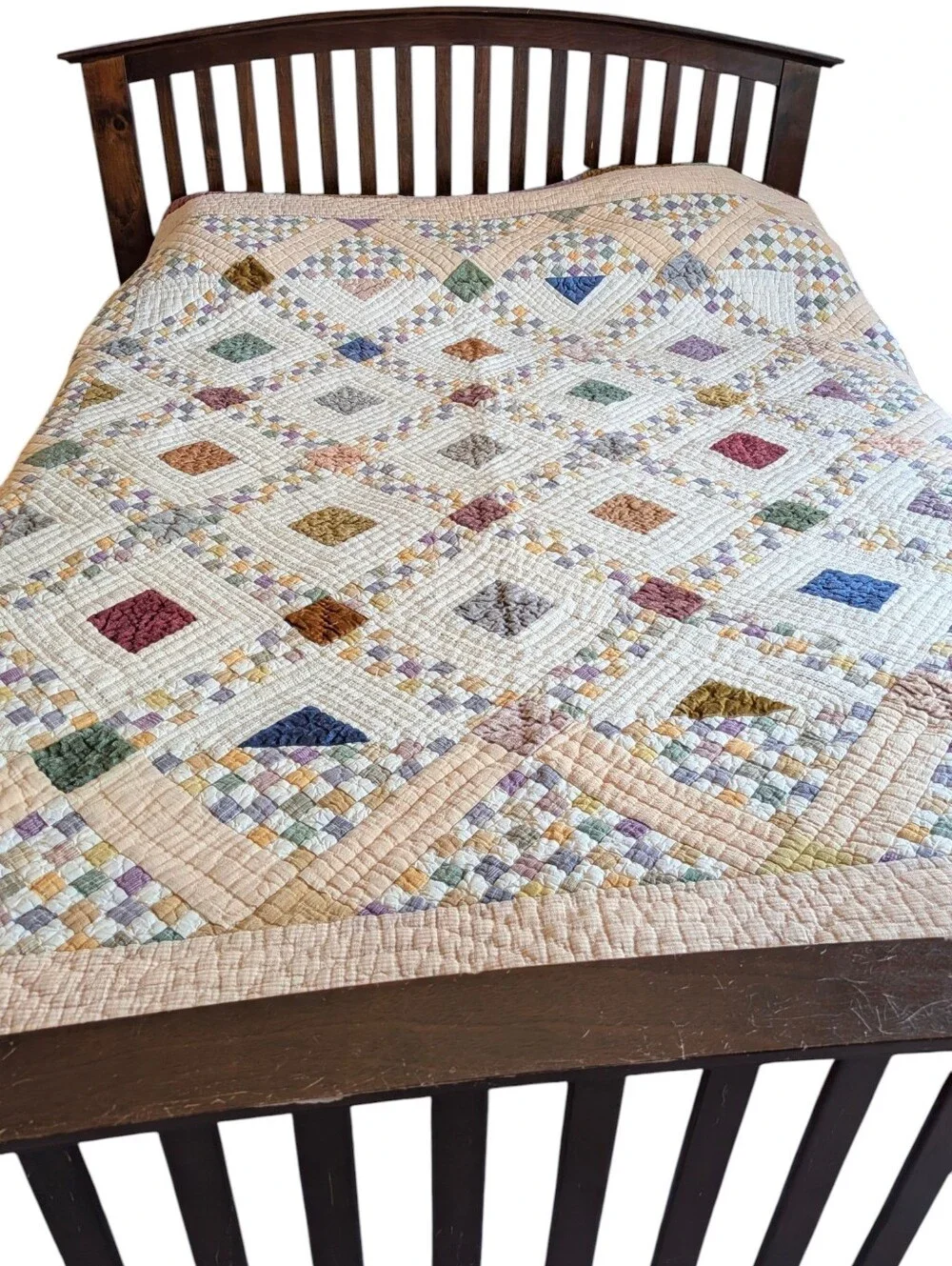 Vintage Cathedral Window Patchwork Cotton Quilt Queen Country Farmhouse Cottage